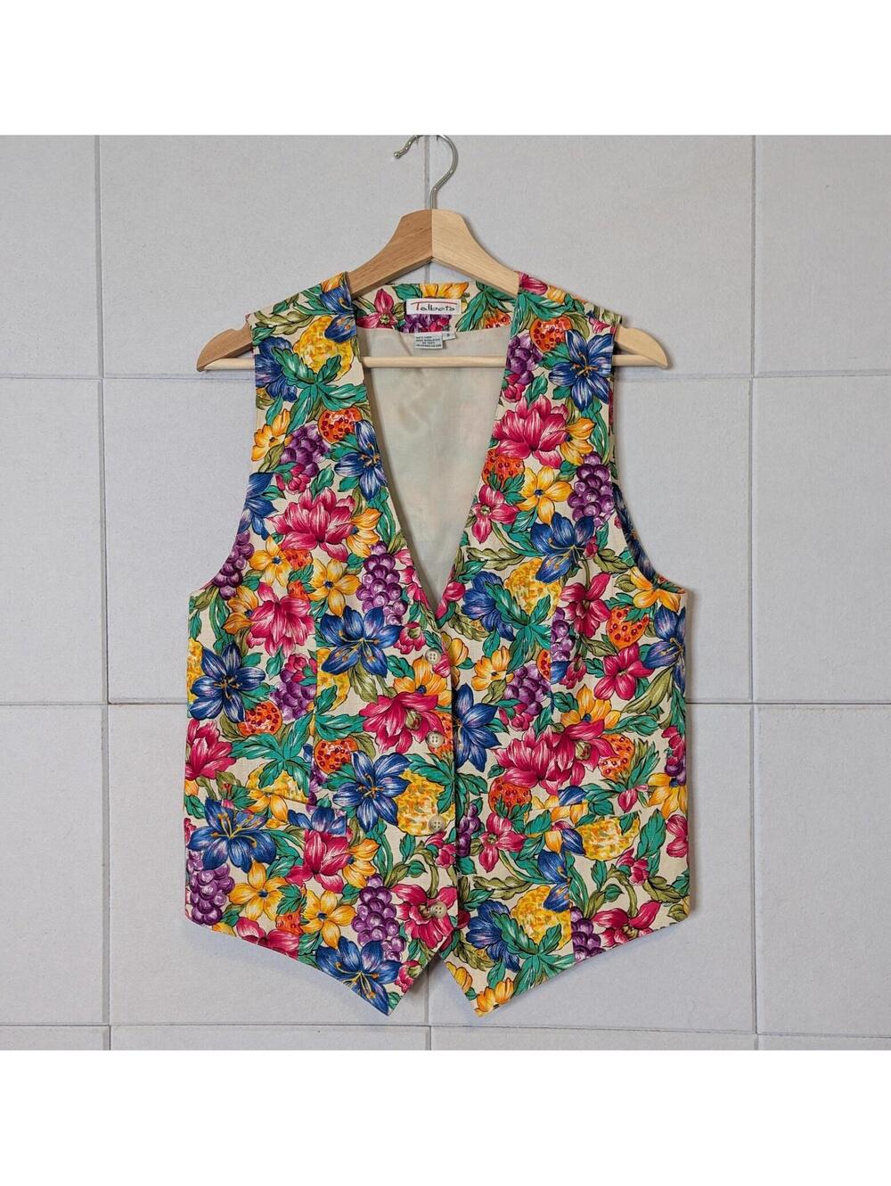 Vintage 80s 90s Talbots 100% linen floral fruit print vest